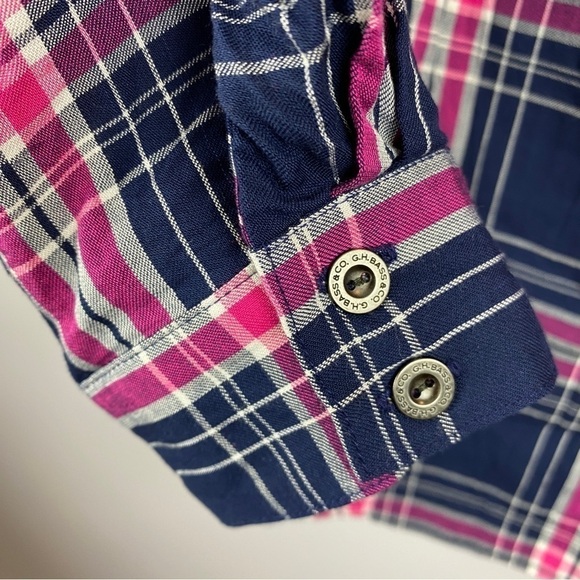 G.H. Bass Coastal Nautical Plaid Long Sleeve Lace Up Neck Blouse Large Blue Pink - Picture 5 of 9